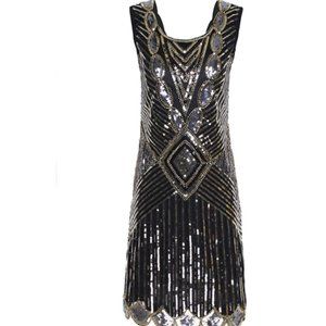 20's style black and gold sequin mini dress